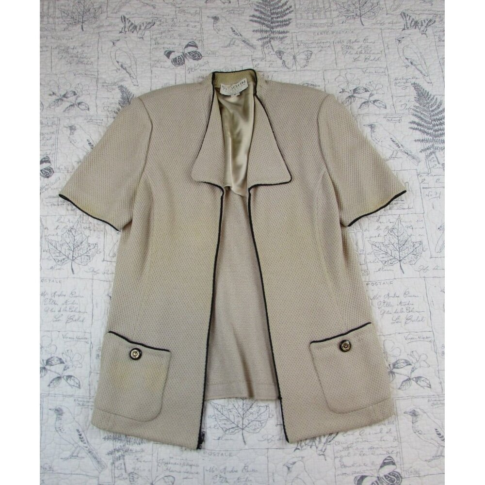 St. John Collection Marie Gray Vintage Open Front Cardigan Jacket Tan Black Sz 6